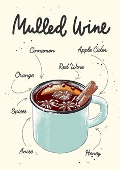 Vector engraved style Mulled Wine, alcoholic cocktail illustration for postes, decoration and print. Hand drawn sketch with lettering and recipe, beverage ingredients. Detailed colorful drawing. Mulled Wine Drawing, Mulled Wine Illustration, Wine Drawing, Drinks Illustration, Chalk Menu, Hot Wine, Drawing Decoration, Apple Cocktail, Colorful Drawing