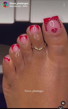 Toenail Rhinestone Designs, Valentine’s Day Toes Nails, Valentines Acrylic Toes, Red Tip Toe Nails, Red Toes With Design, Valentines Toe Nail Designs Pedicures, Red Toe Nails Ideas, Valentine’s Day Toes, Red And White Toe Nails