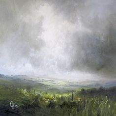 an oil painting of green fields under a cloudy sky