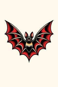 a bat with red and black wings on it's back, flying through the air