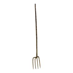 a metal fork with long handle on a white background