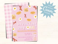 a pink and white checkered table cloth with breakfast any one party card on it