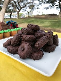 chocolate cupcakes on a white plate next to a yellow tablecloth and trees