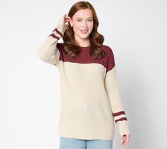 A cozy riff on collegiate style, this varsity-inspired shaker knit sweater by Kim Gravel sports a chic hybrid of elevated preppy and cool athletic aesthetic. Pop it on with jeans and sneaks or work it into your workday wardrobe. Either way, you'll feel perfectly on trend in a chunky sweater design that channels those college-campus vibes (and may have you searching for the dining hall). From Belle by Kim Gravel. Sporty Knit Sweater For Layering, Sporty Winter Sweater For Campus, Sporty Color Block Sweater For Winter, Campus Fall Sweater With Ribbed Cuffs, Fall Campus Sweater With Ribbed Cuffs, Varsity Sweater With Ribbed Collar For Fall, Casual Fall Campus Sweater, Sporty Winter Color Block Sweater, Casual Game Day Sweater