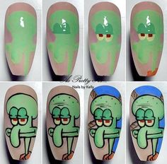 Diy Claws, Cartoon Character Nails, Spongebob Nail Art, Character Nail Art, Draw Cartoon Characters, Spongebob Nails, Cartoon Nail Designs