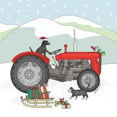 a dog riding on the back of a red tractor with presents in front of it