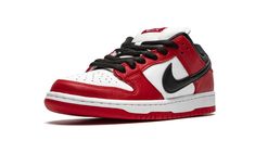 The Nike SB Dunk Low “Chicago” is dedicated to the styling and color block used on the original Air Jordan 1 of the same nickname from 1985.  A tribute to Michael Jordan’s all-time classic signature shoe, this “Chicago” Dunk is almost a spitting image of the Jordan 1 Low.  The two distinctly retro silhouettes are a product of Nike’s mid-80s performance basketball footwear campaign.  The skate-adjacent Dunk features a white leather perforated toe with white leather mid-panel walls.  Fiery red lea Nike Sb Dunk Low Chicago, Original Air Jordans, Nike Sb Dunk Low Pro, Soccer Boots, Tenis Nike, Nike Sb Dunk Low, Sb Dunk Low, Nike Sb Dunk, Nike Sb Dunks