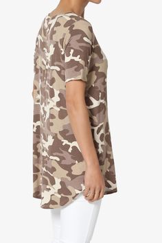 This camo-printed top is a surprisingly versatile piece you'll want to wear with everything. Add a touch of trend-right camo to your off-duty wardrobe with this soft, comfy jersey tee. Tuck in to denim or leather pants, versatile cool-girl silhouette that go from day to night with ease.V-Neck, Short SleevesCurved hem, Extended length for cover your hipLightweight soft & comfy stretchy jersey knit fabricSize Guide : Fits true to US size, take your normal sizeModel size : 5'3" height, 34" bust, 24 Trendy Camouflage Crew Neck T-shirt, Spring Casual Camouflage T-shirt, Casual Camouflage T-shirt For Spring, Casual Camouflage Fall Tops, Casual Camouflage Short Sleeve Tops, Camouflage T-shirt For Fall, Trendy Camouflage T-shirt For Summer, Casual Camouflage Tops For Spring, Trendy Camouflage Tops For Spring