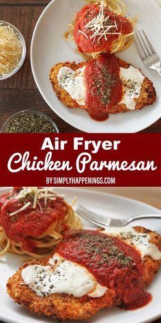 an air fryer chicken parmesan on a plate with spaghetti