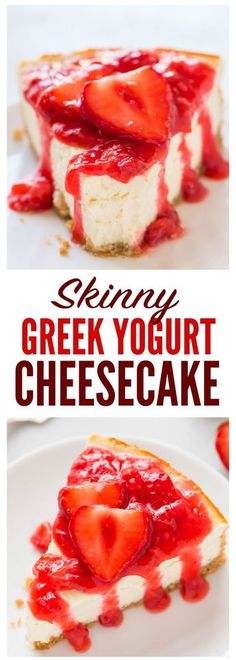 An easy, lightened-up recipe for Greek Yogurt Cheesecake with fresh strawberry sauce and buttery graham cracker crust. Creamy, fluffy, and the perfect dessert for any occasion! Yogurt Desserts, Healthy Cheesecake Recipes, Greek Yogurt Cheesecake, Yogurt Cheesecake, Weight Watcher Desserts, Yogurt Dessert, Healthy Cheesecake, Desserts Healthy, Greek Yogurt Recipes