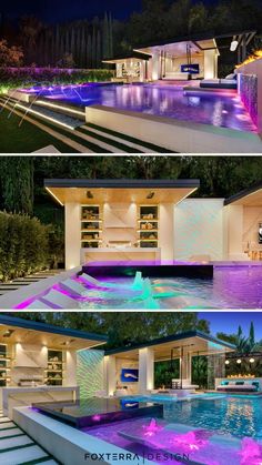 two different views of a modern house at night and in the day, from outside to inside