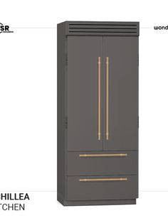 the side view of a gray cabinet with gold trimmings and an open door