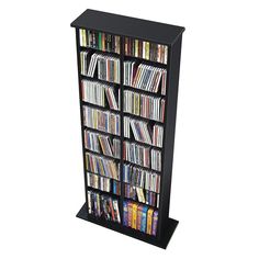 a tall black bookcase with many different types of dvd's