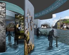 an artist's rendering of people standing in the water looking at artwork on display