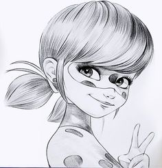 a drawing of a girl with her hand up to the side and one eye open