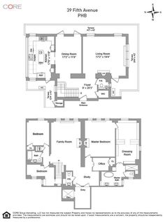 the floor plan for an apartment with three bedroom and two bathroom areas, including one living room