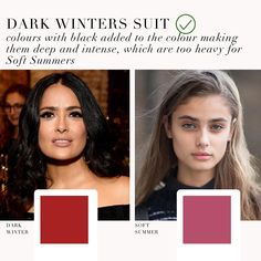 Dark Winter VS Soft Summer comparison. When seasons share the same temperature they can share some similarities. However, what are the differences? . #coloranalysis #colouranalysis #softsummer #darkwinter #coloranalyst #salmahayek Librarian Style, Color Meanings