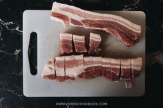 sliced up meat sitting on top of a cutting board