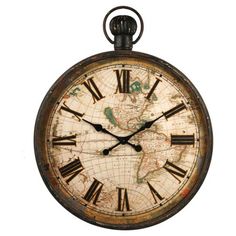 an old clock with roman numerals and a world map on the face, isolated against a white background