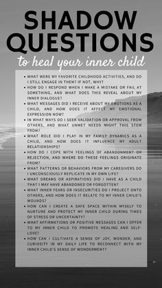 Shadow questions are essential for healing past trauma and understanding yourself better. 🌿💖 Reflect on these deep questions to uncover hidden emotions and unresolved pain. 🌼 This practice fosters acceptance, emotional release, and personal growth. 🌞 Embrace shadow work to transform trauma into a source of strength, resilience, and self-love. 🌟 Begin your healing journey and experience the profound benefits of self-discovery. 💫 Embrace your inner power and start today! 🌸🌿 heal your inner child Trash Journal, Letter To My Sister, Heal Your Inner Child, Emotional Release