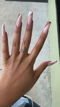 Acrylic Line Nail Designs, Med Length Nail Designs, Long Nails Square Design, Simple Spring Nails Acrylic Coffin, Acrylic Nails Simple Designs, Arycrilc Nails, Trending Acrylic Nails 2023, Trendy French Tip Nails Coffin, Summer Coffin Nail Ideas