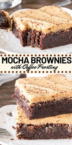 chocolate mocha brownies with coffee frosting are on a white plate and one is cut in half