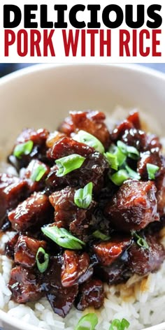 sweet and sour caramelized pork with rice in a bowl