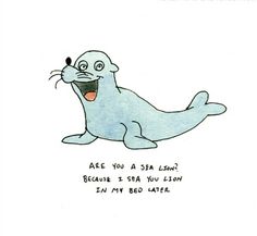 a cartoon seal is laughing while sitting on the ground with its mouth open and tongue out