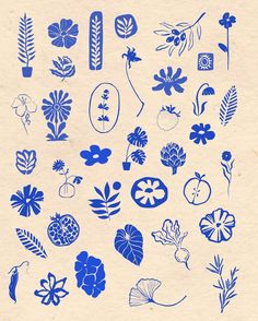 blue flowers and leaves are arranged on white paper