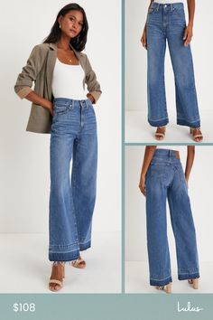 With a flattering high-rise and an ultra wide-leg design, the Levi's Ribcage Medium Wash Wide-Leg Raw Hem Denim Jeans are sure to be your favorite new jeans! Sturdy cotton denim (in Levi's She's a Cutie wash) shapes a high waist, belt loops, five-pocket cut and a hidden zip fly with top button closure. Fading and whiskering accents the wide legs as they fall to trendy, deconstructed raw hems. Fit: This garment fits true to size. Length: Floor length. Size 28 Inseam: 31.25 Front Rise: 12.00 Waist Levi's Medium Wash Wide Leg Pants, Levi's Wide Leg Medium Wash Pants, Levi's Wide Leg Bottoms For Spring, Levi's Wide Leg Denim Flare Jeans, Levi's Denim Blue Flare Jeans For Spring, Levi's Wide Leg Spring Pants, Chic Medium Wash Mid-rise Wide Leg Pants, Levi's Wide Leg Pants For Spring, Chic Mid-rise Medium Wash Wide Leg Pants