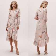 Anthropologie Bhldn Yumi Carla Dress Floral New Xl Yumi Kim's Signature Floral Print Lends A Playful Edge To This Easygoing Wrap Dress; A Ruffled High-Low Hem And Cuffed Sleeves Complete The Ladylike Look. Tie Closure Polyester; Polyester Lining Professionally Clean Bust 19" Across Brand Tag Marked New Without Tags Cz Flowy Long Sleeve Wrap Dress, Spring Midi Wrap Dress For Garden Party, Feminine Fitted Long Sleeve Wrap Dress, Fitted Midi Length Wrap Dress For Spring, Elegant Long Sleeve Floral Wedding Dress, Spring Maxi Length Wrap Dress, Elegant Floral Print Maxi Wrap Dress, Long Sleeve Maxi Dress For Summer Wedding Guest, Fitted Long Sleeve Floral Dress For Wedding