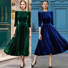 Emerald Green Velvet Dress, Velvet Clothing, Casual Long Dress, Dresses Gold, Evening Midi Dress, Vestidos Retro, Velvet Dress Long, Clothes Spring, Three Quarter Sleeve Dresses