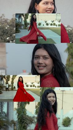 a woman in a red dress is smiling