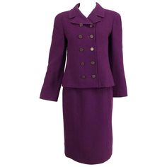 Chanel aubergine boucle classic double breasted skirt suit 1998A | From a unique collection of rare vintage Skirt Suits at https://www.1stdibs.com/fashion/clothing/suits-outfits-ensembles/skirt-suit/. 60s Suit, Vintage Skirt Suit, Retro Suits, Hip Bone, Gored Skirt, Chanel Outfit, Skirt Suits, Tv Show Outfits, 1990s Fashion