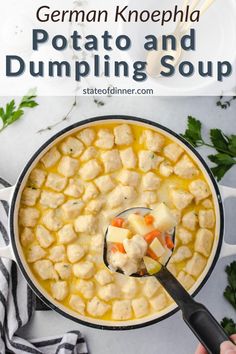 a pot full of dumpling soup with the title overlay reading german knephla potato and dumpling soup