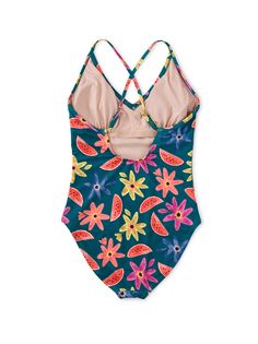 This floral-and-fruit beauty is figure-flattering and crated for ultimate comfort. Fitted and fully-lined with adjustable cross-back straps, and a V-neck front and low back. Polyester/spandex fabric is UPF 40+. Removable cups.Matching family styles are available in our Sibling Shop. Spring Swimwear With Straps And Cross Back, Spring Cross Back Swimwear With Straps, Spring Cross-back Strapped Swimwear, Spring Swimwear With Crisscross Strappy Back, Spring Swimwear With Adjustable Straps And Cross Back, Green Strappy Back Swimwear For Summer, Casual Strappy Back Swimwear For Spring, Casual Swimwear With Strappy Back For Spring, Casual Spring Swimwear With Strappy Back