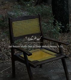 an empty chair sitting on the ground in front of some trees and bushes with arabic writing