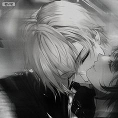 two anime characters are kissing each other in black and white