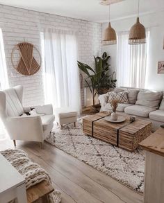 a living room with white brick walls and wooden furniture in the center, on instagram