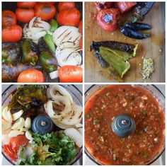 four different pictures of food including tomatoes, peppers, and other vegetables in a blender