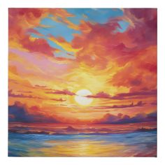 an oil painting of a sunset over the ocean