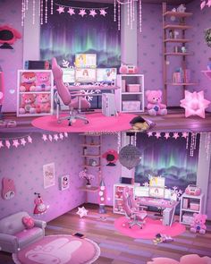 the interior of a doll house decorated in pink and purple with stars on the ceiling