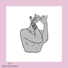 a drawing of a person with their hands in the air and one hand up to his face