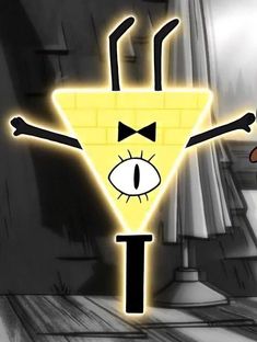 an animated image of a cartoon character standing in front of a yellow triangle with eyes