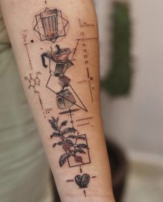 a person with a tattoo on their arm that has various things in the shape of a coffee pot