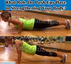 a woman doing push ups on her stomach in a gym with the words, what role do push - ups have in stretching your body?