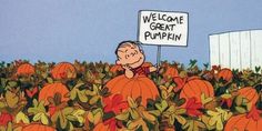 a cartoon character holding a sign that says welcome great pumpkin in front of a field of pumpkins