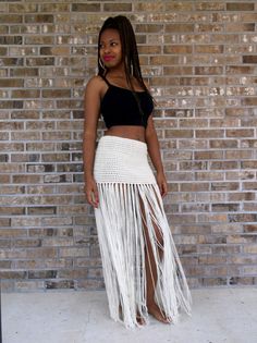 Custom Hand Crochet Fringe MAXI SKIRT, Floor Length Long Fringe,swimsuit cover up, bikini cover up, Bohemian, Belly Dance,Vanilla Cream Fringe Maxi Skirt, Fringe Swimsuit, Crochet Skirts, Crochet Fringe, Womens Halter Tops, Crochet Maxi Dress, Hippie Style Clothing, Crochet Maxi, Mode Boho