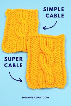 two yellow knitted cables with the words simple cable and super cable on them