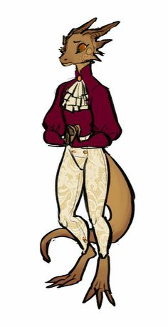 a drawing of a fox wearing a red jacket and white pants with an ornate pattern on it